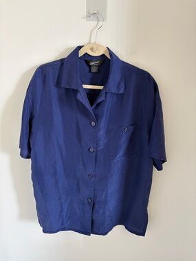 Vintage Royal Blue Women’s Button-Up 100% Silk Shirt Blouse
